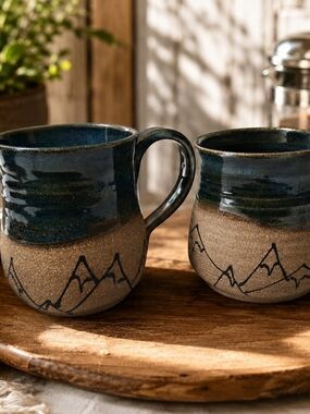 Handmade Studio Pottery Mountain Mug Set – 12 oz Blue Green Stoneware Pair